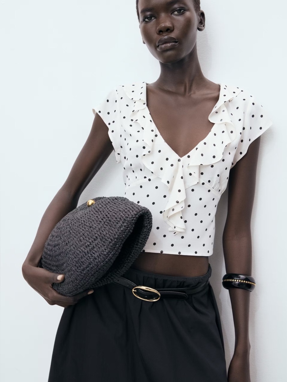 Polka Dot Ruffle V-Neck Crop Top -